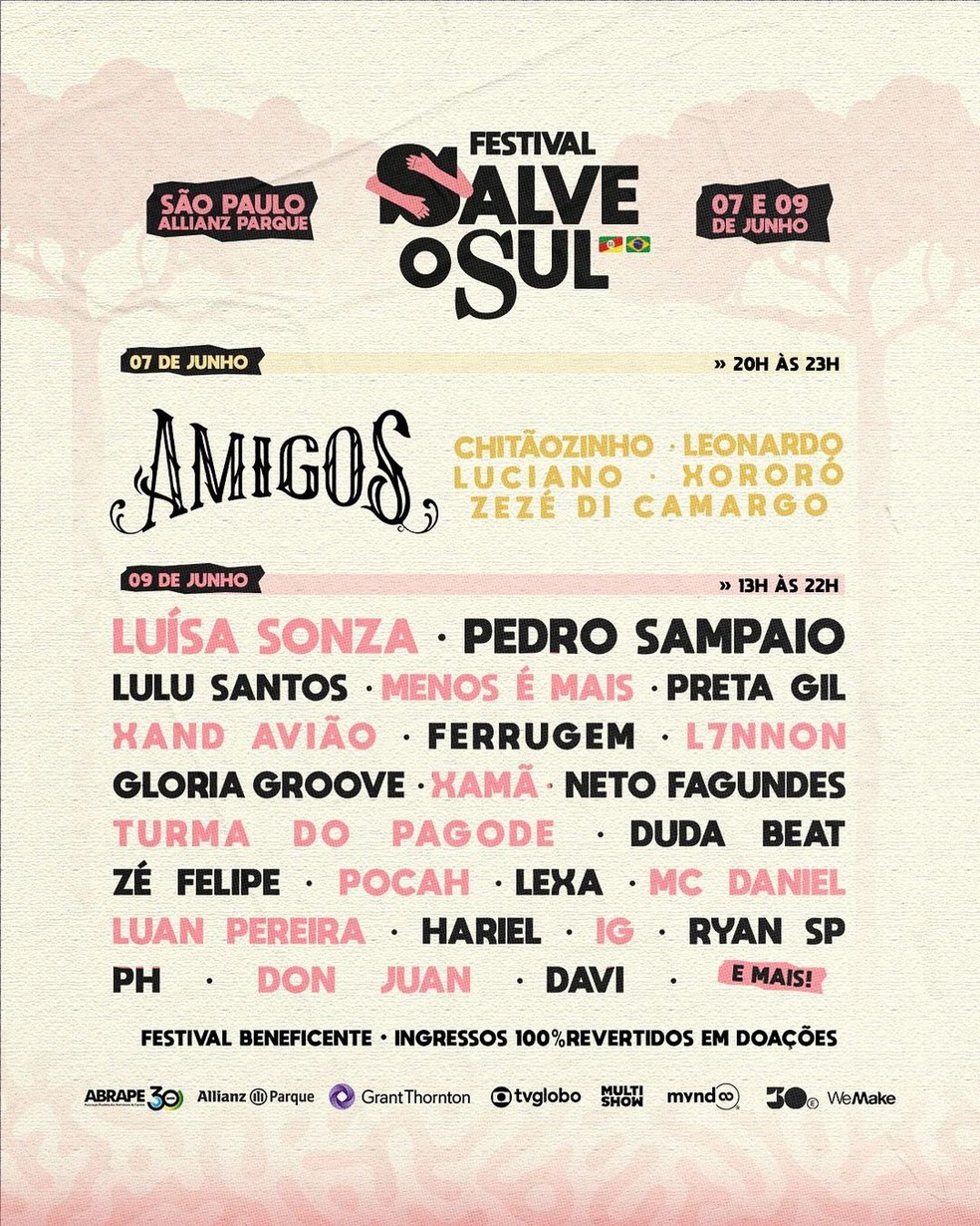 festival beneficente Salve o Sul vai doar lucro com ingressos para vítimas das enchentes no RS — Foto: Reprodução/RS