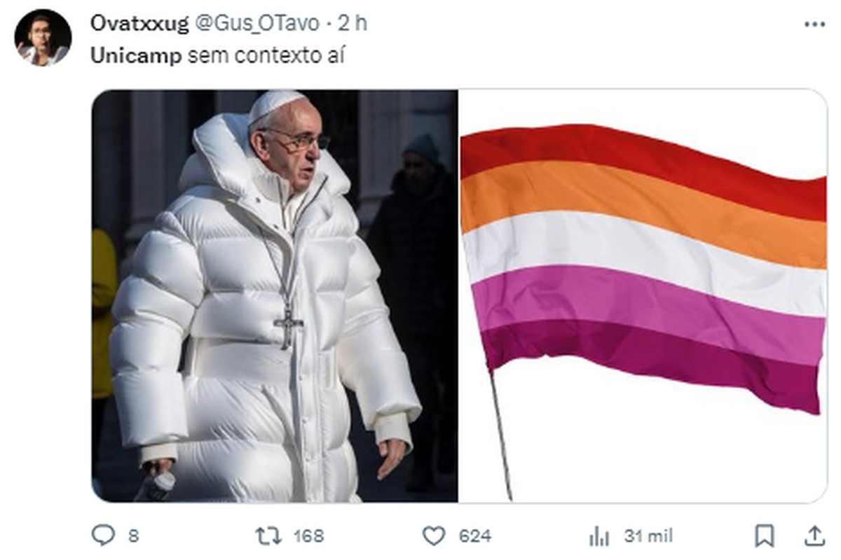 Unicamp 2024 em memes: questões sobre imagem falsa com Papa de blusa e uso do termo 'nevou' rendem posts