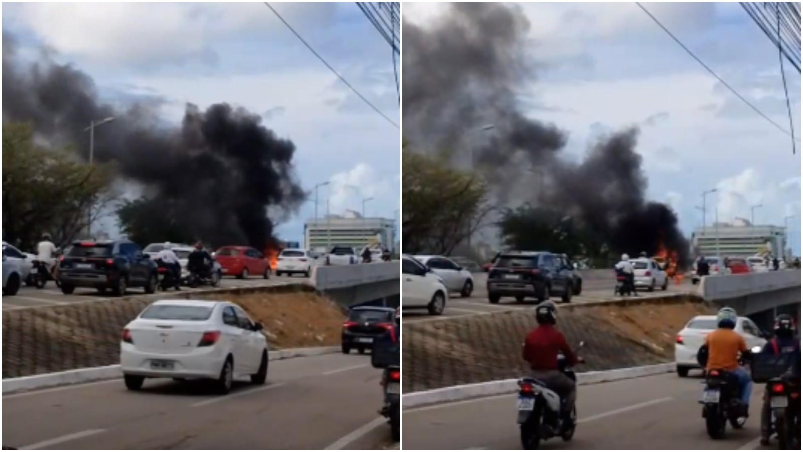 Carro pega fogo em viaduto de Fortaleza; veja vídeo