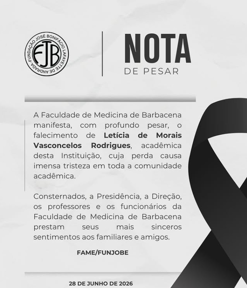 Faculdade de Medicina de Barbacena publica nota de pesar por morte de aluna &mdash; Foto: Redes Sociais/Reprodu&ccedil;&atilde;o