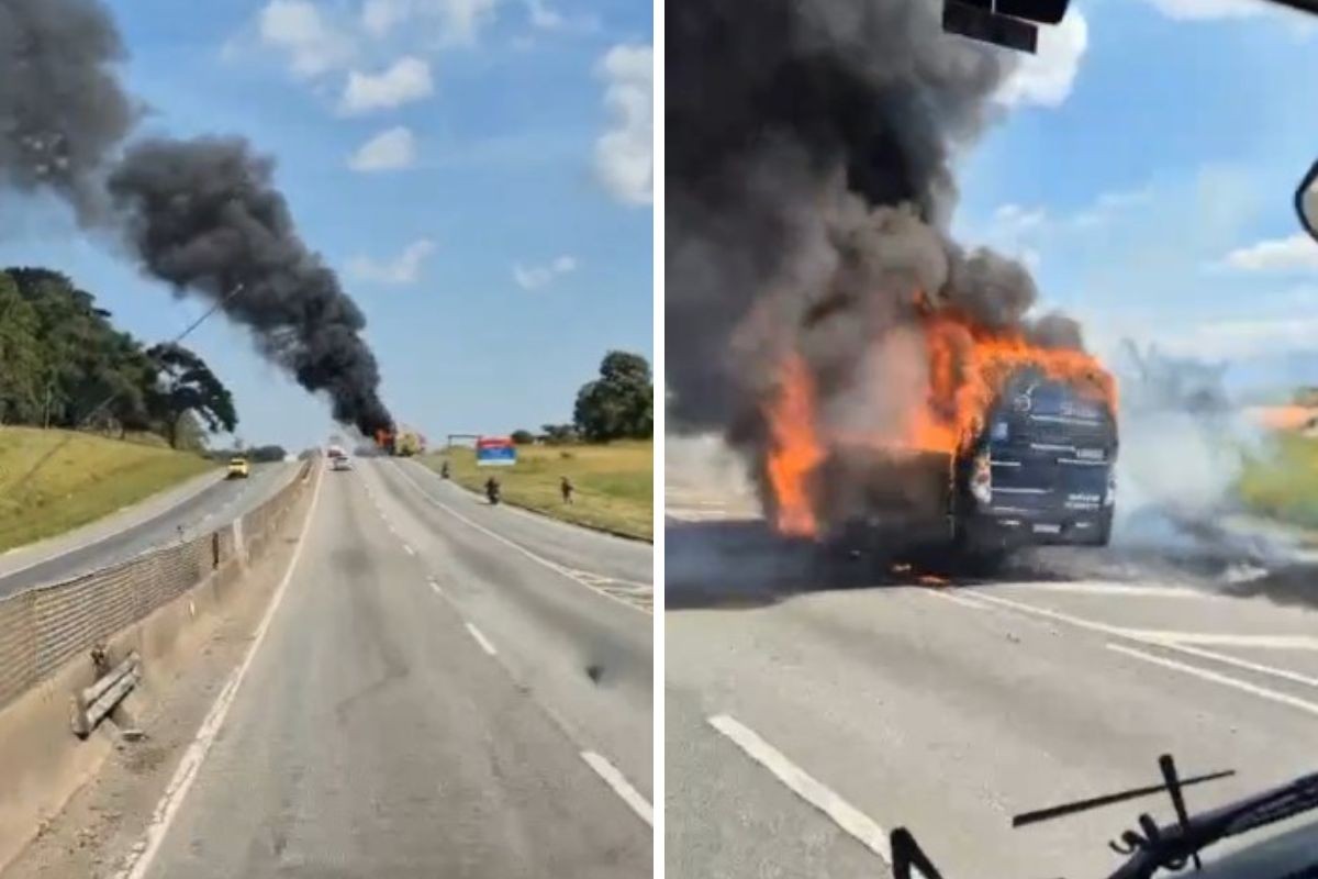 Ônibus com 25 passageiros pega fogo na via Dutra, em Cachoeira Paulista; veja vídeo