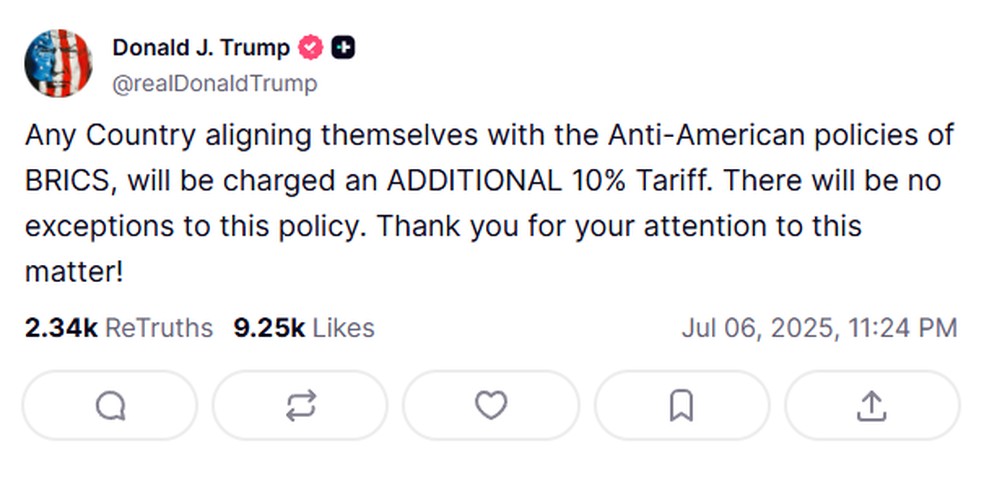 Trump anuncia tarifa adicional de 10% para 'qualquer país que se alinhar às políticas antiamericanas do BRICS' — Foto: Reprodução/Truth Social