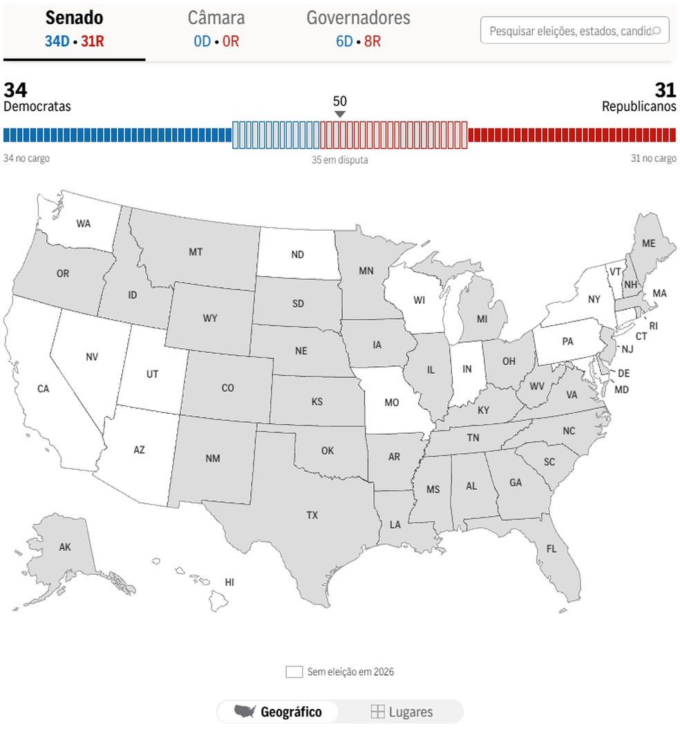 Mapa de página especial do g1 mostra a apuração das midterms nos EUA — Foto: Reprodução