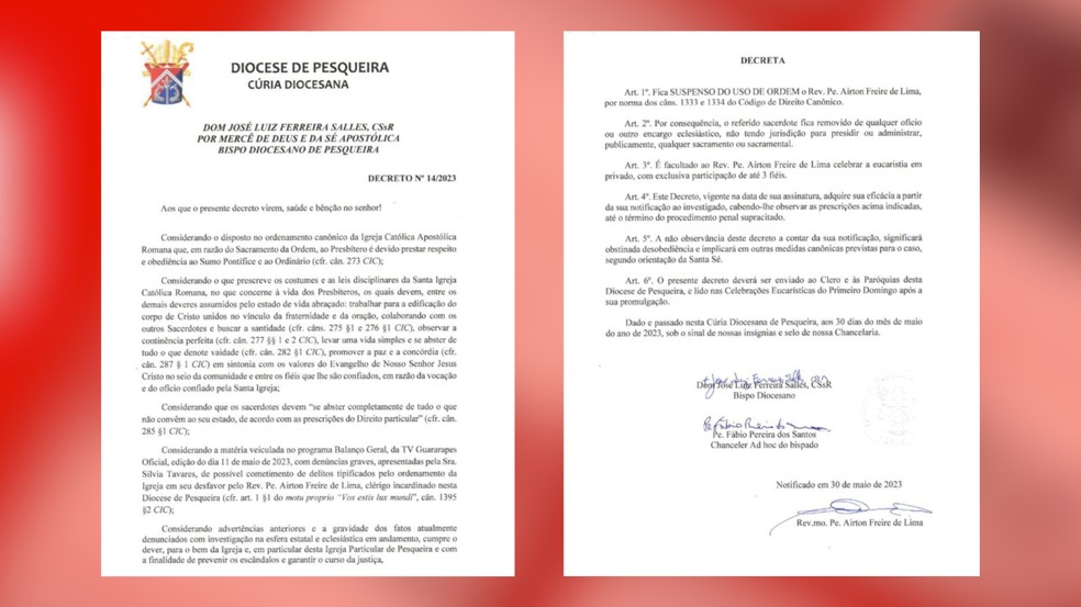 Decreto da Diocese de Pesqueira suspende o padre Airton Freire do "Uso de Ordem" — Foto: Reprodução/Diocese de Pesqueira