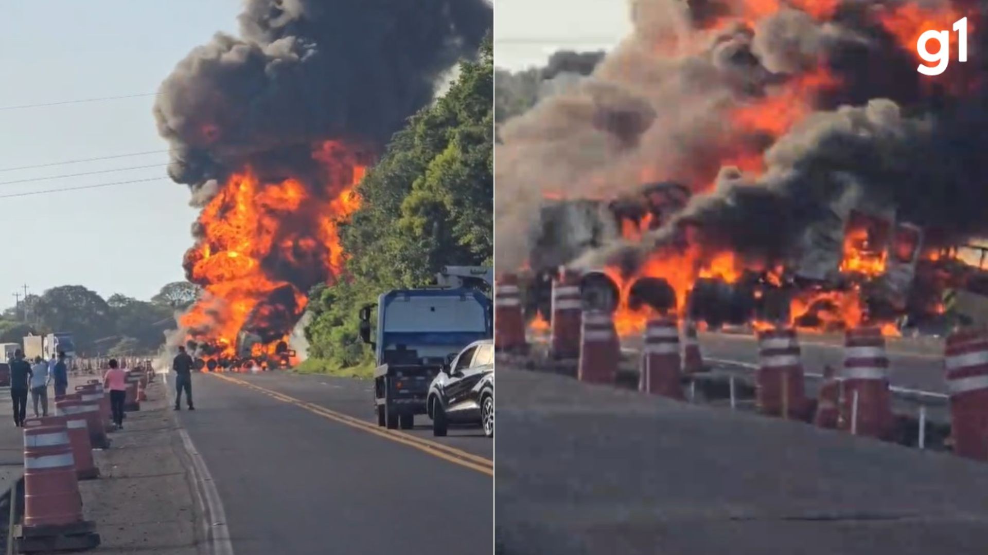 VÍDEO: Caminhão de botijões de gás pega fogo após acidente em Mormaço, RS