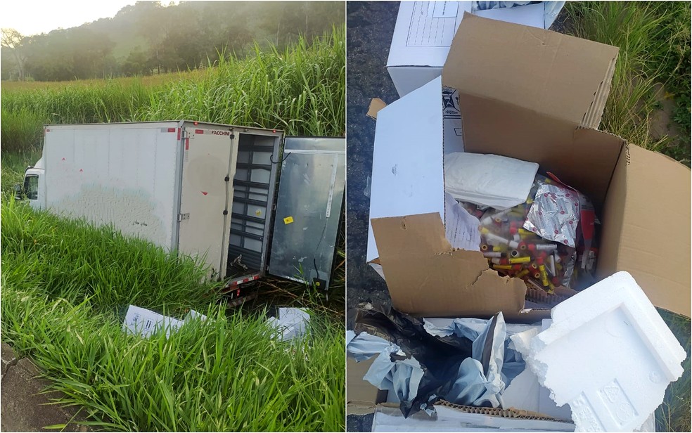 Carga de exames com destino à análise laboratorial é furtada de caminhão na Fernão Dias, em Careaçu, MG — Foto: Polícia Rodoviária Federal