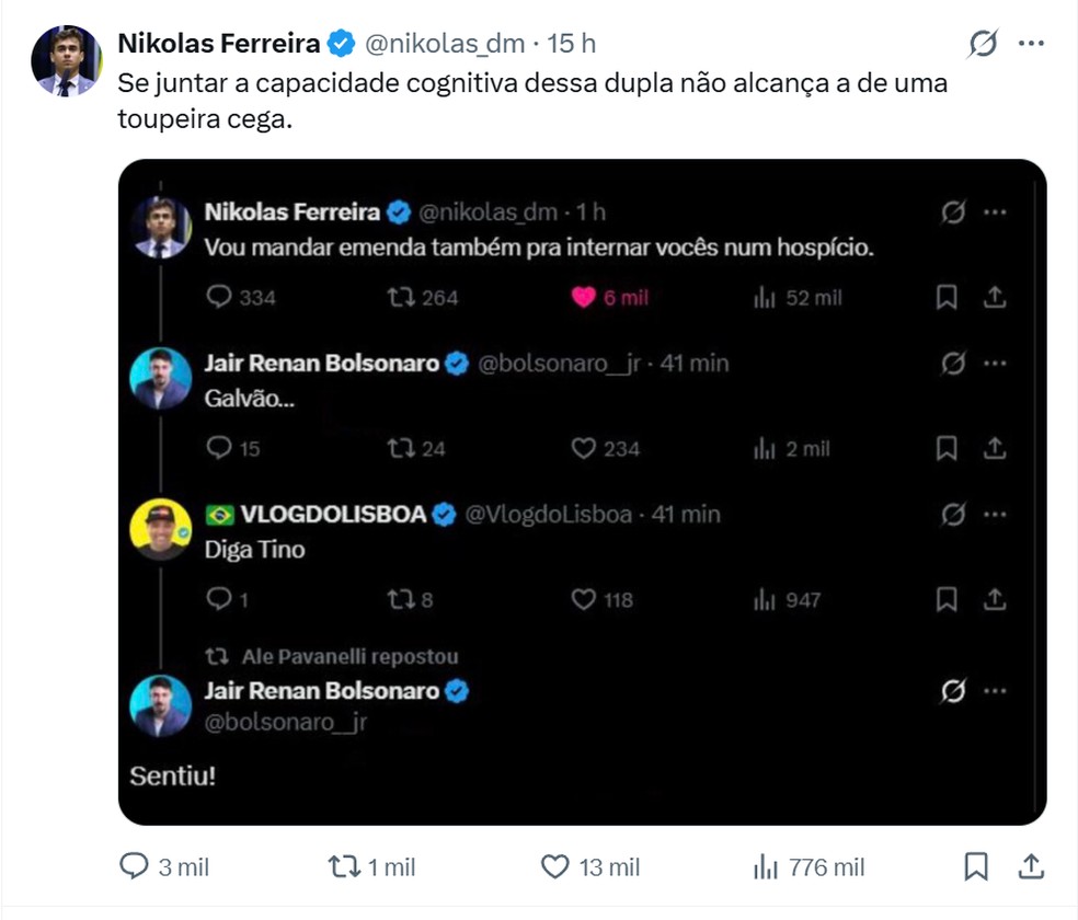 Sequência de publicações de Nikolas Ferreira e de Jair Renan Bolsonaro no X — Foto: Reprodução/X
