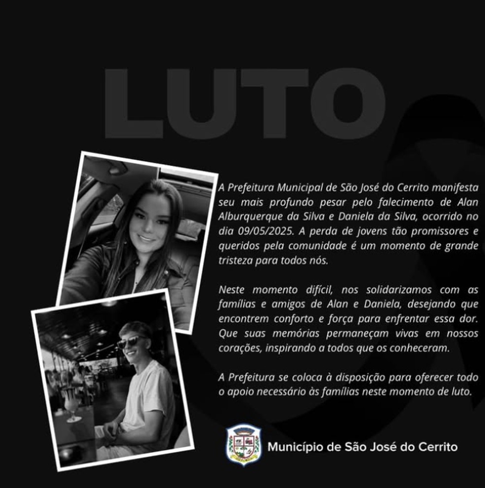 Prefeitura de São José do Cerrito divulgou nota após mortes — Foto: Redes sociais/ Reprodução