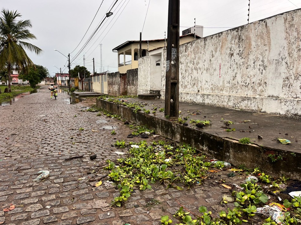 Sujeira deixada na rua Pacajus após água da lagoa transbordar — Foto: Vinícius Marinho/Inter TV Cabugi