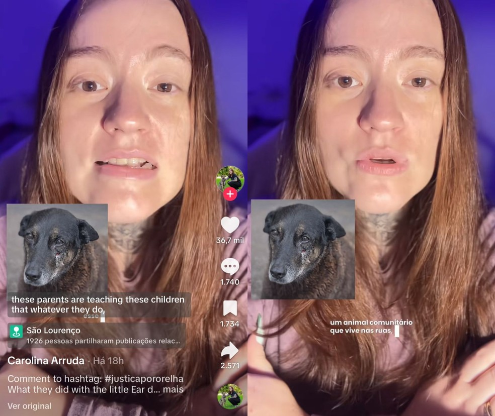 A jovem Carolina Arruda, que está em tratamento contra neuralgia do trigêmeo, se mostrou indignada com o caso do Orelha — Foto: Reprodução/Redes sociais