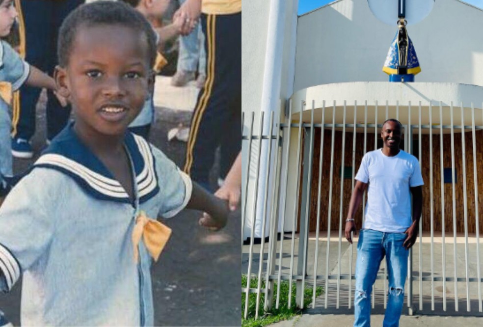 Thiaguinho quando criança durante aula em Ponta Porã (MS) e anos após, visitando a cidade — Foto: Redes sociais