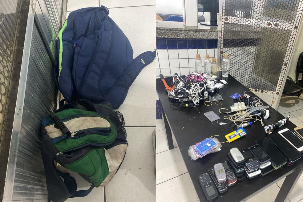 PM localizou mochilas com objetos que seriam destinados a presos no CPP de Mongaguá (SP) — Foto: Divulgação