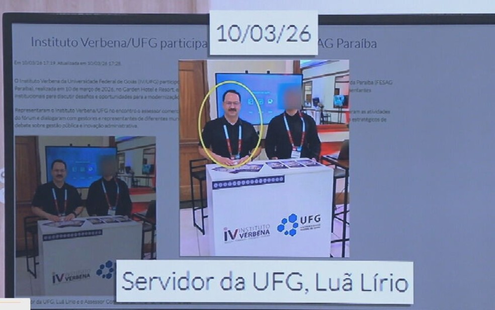 Registro mostra Luã Lírio de Souza Cruz em evento representando o Instituto Verbena cinco dias antes da aplicação do concurso da Câmara de Goiânia — Foto: Reprodução/TV Anhanguera