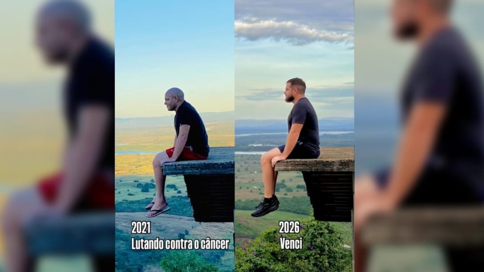 O padre cearense Marcos Ronney dos Santos Matos viralizou nas redes sociais com foto em ele aparece na mesma paisagem antes e após se curar do câncer. — Foto: Instagram/ Reprodução