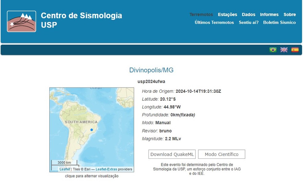 Tremor de terra em Divinópolis — Foto: Centro de Sismologia USP/Reprodução