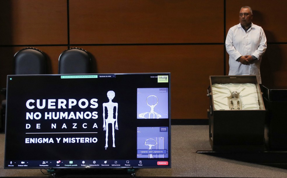 Testes realizados nos espécimes que ufólogo afirma ser de extraterrestres apontam que eles teriam entre 700 e 1 mil anos de idade — Foto: Henry Romero/Reuters