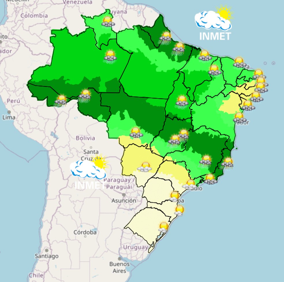 Mapa mostra previsão de chuva para esta quinta (22) em todo o Brasil. — Foto: Inmet/Reprodução
