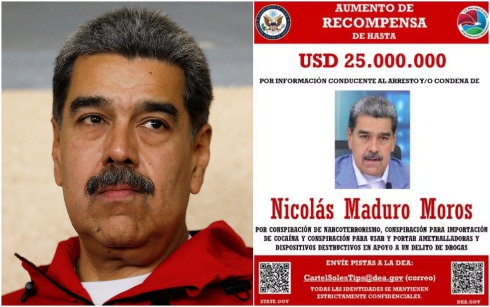 Nicolas Maduro em 27 de julho de 2025; cartaz divulgado pelos EUA — Foto: Leonardo Fernandez Viloria/Reuters; Reprodução/X