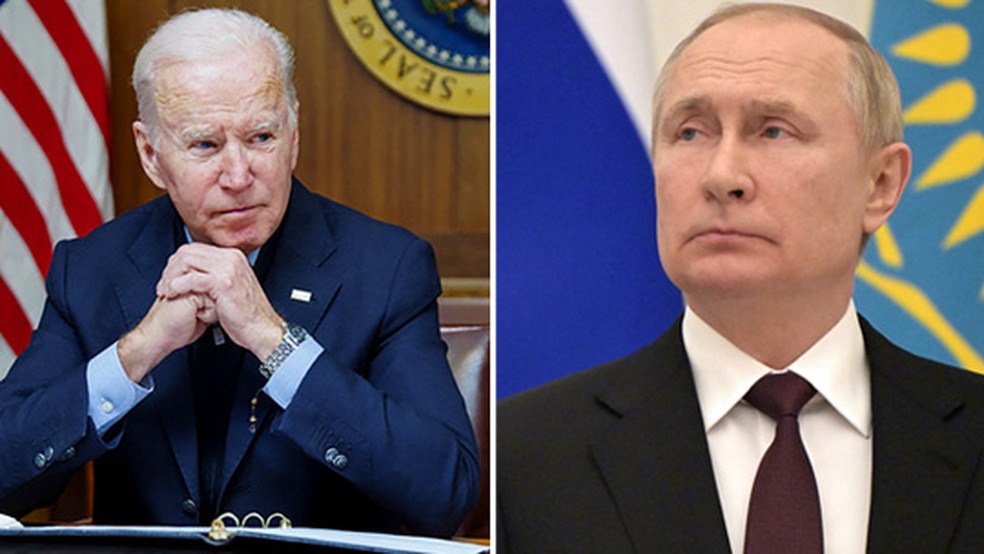Presidente dos EUA, Joe Biden (à esquerda), e presidente da Rússia, Vladimir Putin. — Foto: Reprodução