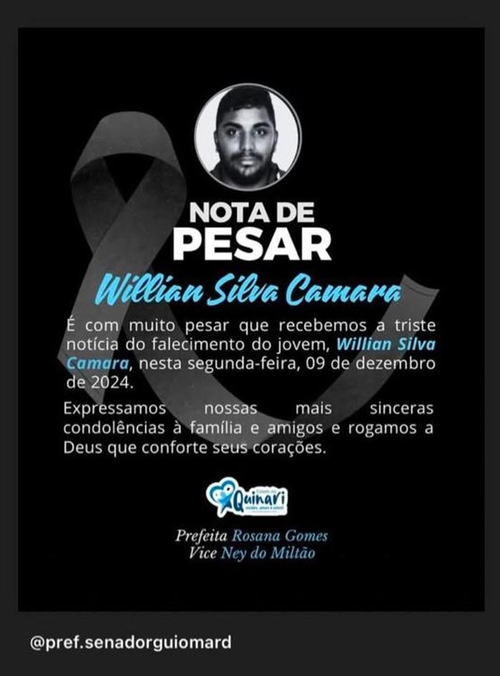 Prefeitura postou nota de pesar pelo falecimento de Willian Silva Câmara — Foto: Divulgação