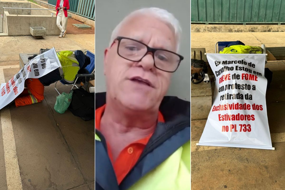 Estivador do Porto de Santos faz greve de fome contra projeto de lei em frente à Câmara dos Deputados