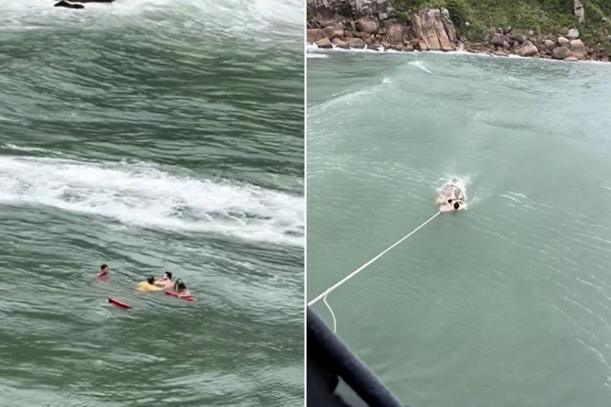Turista é arrastado por correnteza e resgatado com apoio do helicóptero Águia no litoral de SP; ASSISTA
