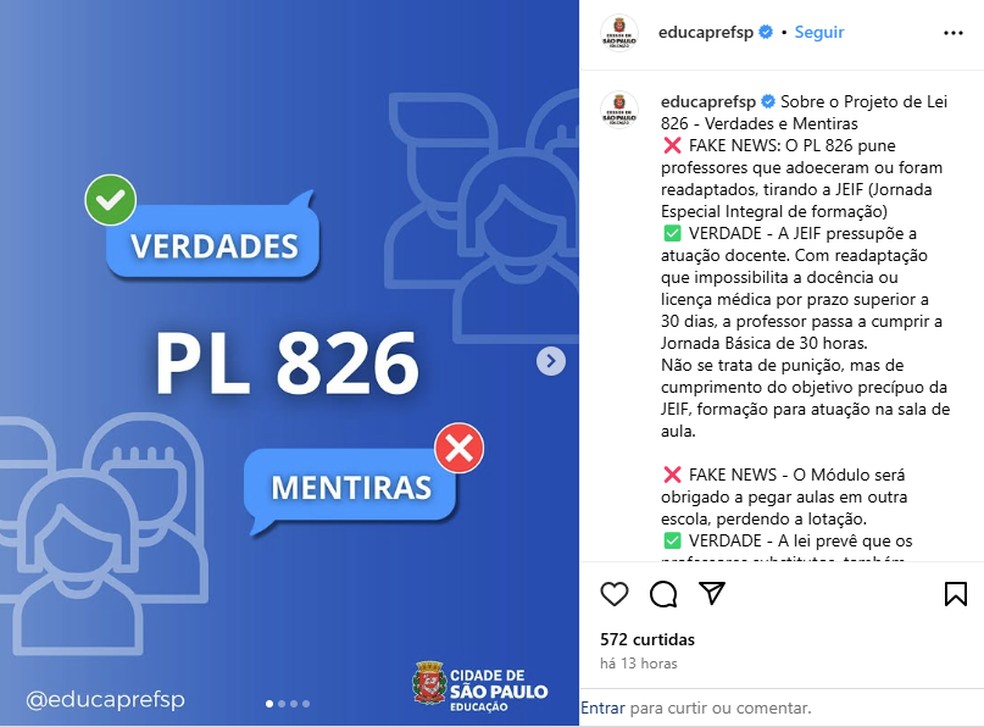 Instagram oficial da Secratria Municipal de SP — Foto: Reprodução