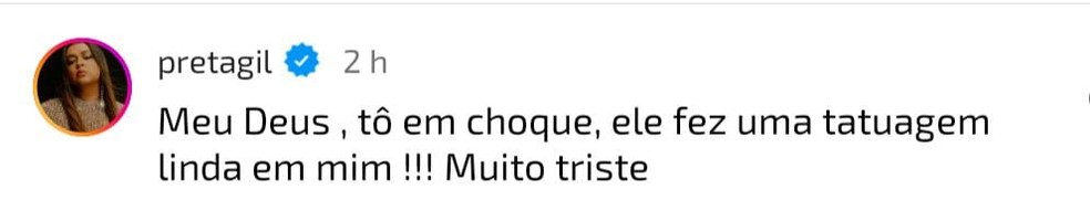 Preta Gil lamenta a morte do tatuador e humorista Tassio Bacelar — Foto: Reprodução/Redes sociais