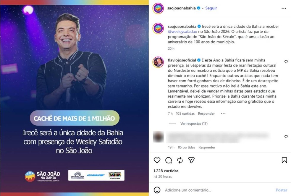 Flávio José diz que não fará shows no São João da Bahia após recomendação do MP sobre redução de cachês — Foto: Reprodução/Redes Sociais