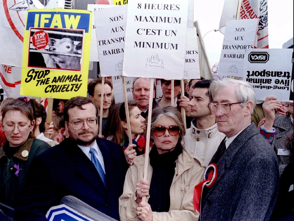 A atriz francesa Brigitte Bardot em manifestação de ativistas pelos direitos dos animais em frente ao prédio do Conselho Europeu em Bruxelas — Foto: Reuters