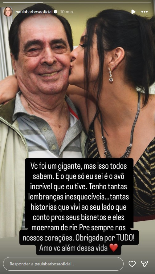 Paula Barbosa, neta de Benedito Ruy Barbosa, lamenta morte do avô: 'Amo você além dessa vida'