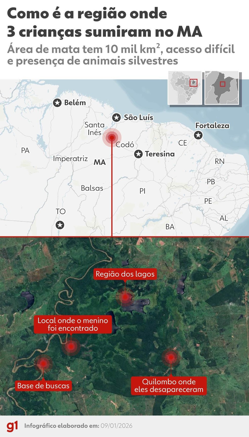 INFOGRÁFICO - Como é a área de mata onde crianças sumiram enquanto brincavam no Maranhão — Foto: Arte/g1