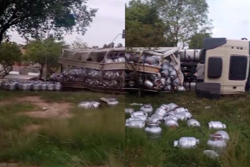 Caminhão carregado de botijões tomba em rotatória na Zona Sudeste de Teresina — Foto: Reprodução