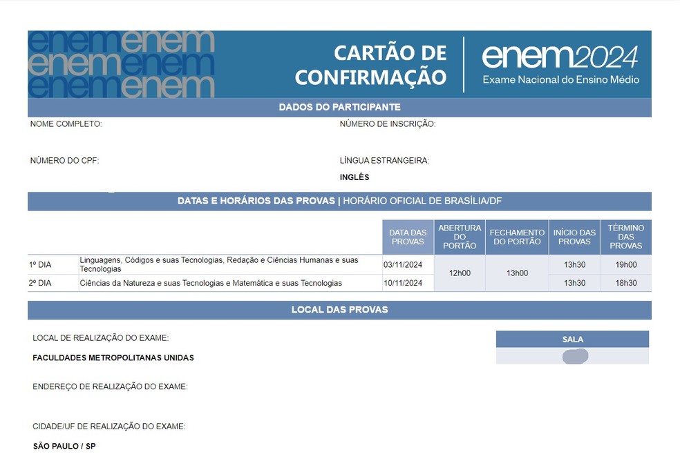 Cartão de confirmação de inscrição do Enem 2024. — Foto: Reprodução