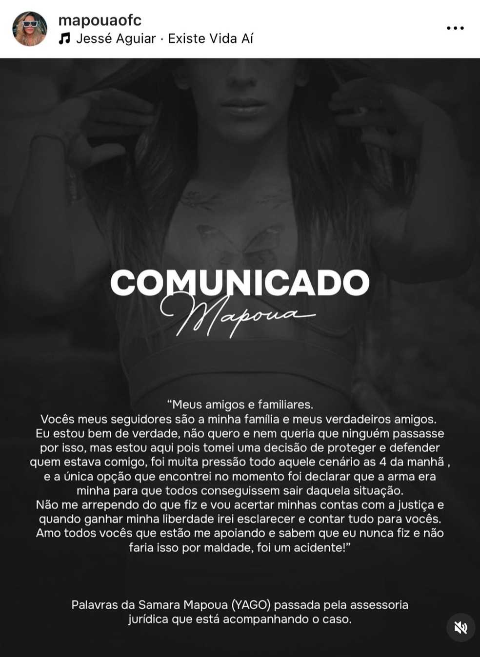 Comunicado da influencer Mapoua após sua prisão por porte de arma — Foto: Reprodução