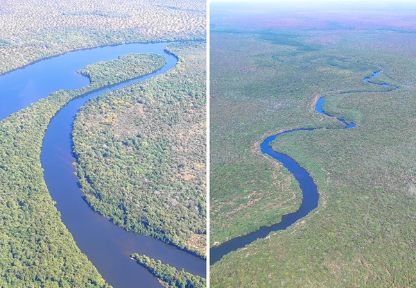 Imagens mostram visão aérea do Lagoão do Imotxi (à esq.) e do Rio Jaburu, na Ilha do Bananal — Foto: Arquivo Pessoal/Cleber Javaé