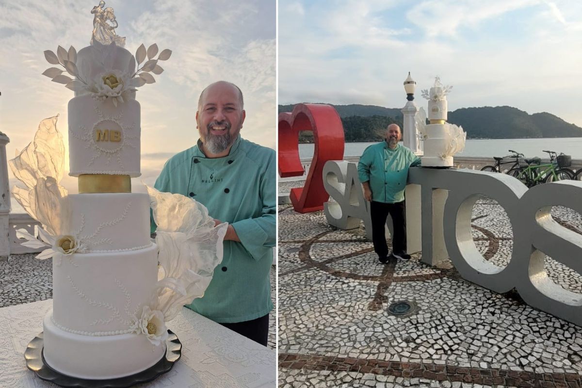 Bolo de luxo avaliado em R$ 10 mil é montado na praia de Santos e viraliza nas redes; VÍDEO