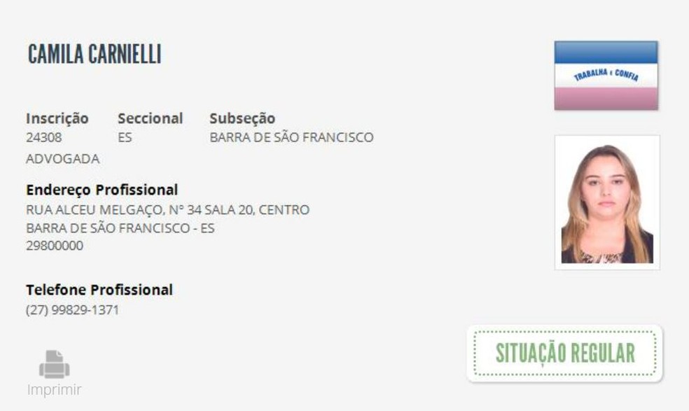 Advogada Camila Carnielli está presa no Centro Prisional Feminino de Colatina, Espírito Santo — Foto: Reprodução/CNA