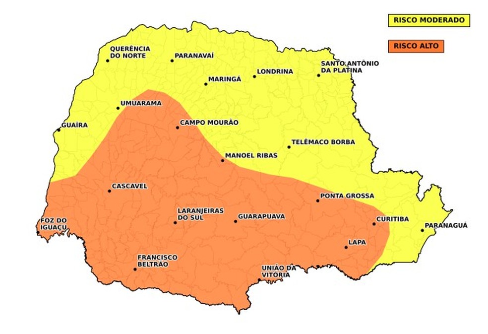 Alerta para quinta-feira (29) — Foto: Reprodução/Defesa Civil e Simepar