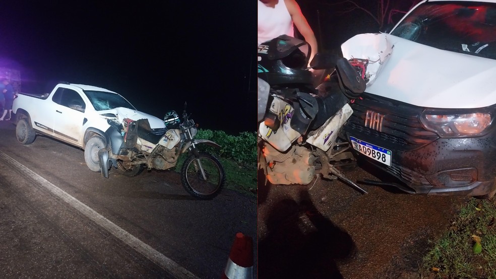 Devido a batida, a moto ficou presa entre as ferragens da caminhonete — Foto: Reprodução