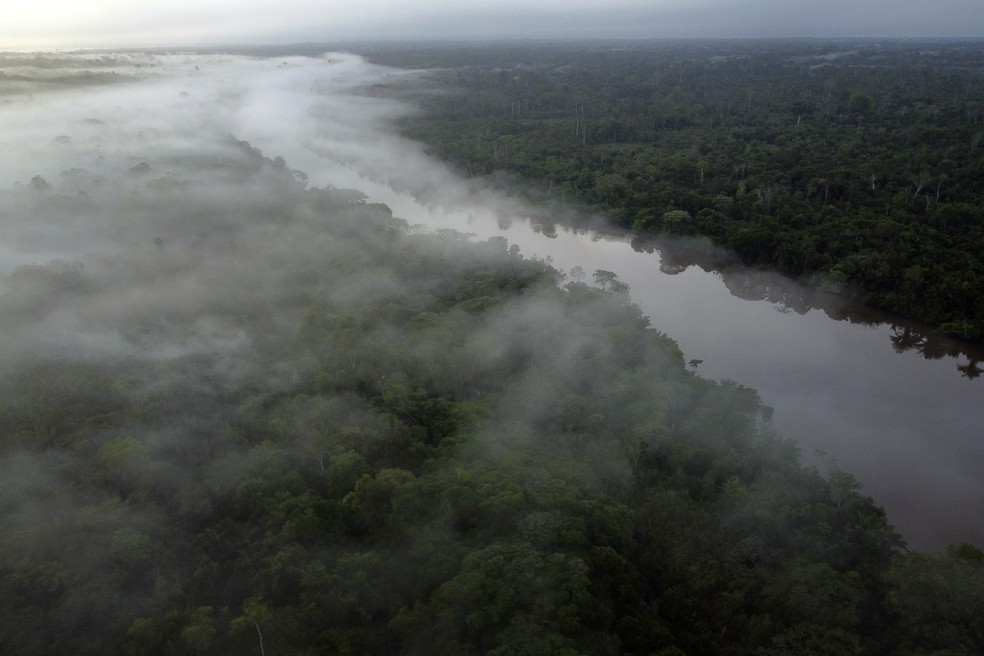 Neblina paira sobre o rio Guamá na aldeia Tenetehar Wa Tembe, na Terra Indígena do Alto Rio Guamá, município de Paragominas, Pará, Brasil, enquanto o sol nasce no sábado, 10 de junho de 2023. — Foto: Foto AP/Eraldo Peres