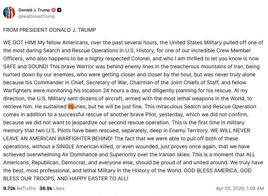 Trump diz que piloto resgatado no Irã está gravemente ferido e o chamou de 'muito corajoso'