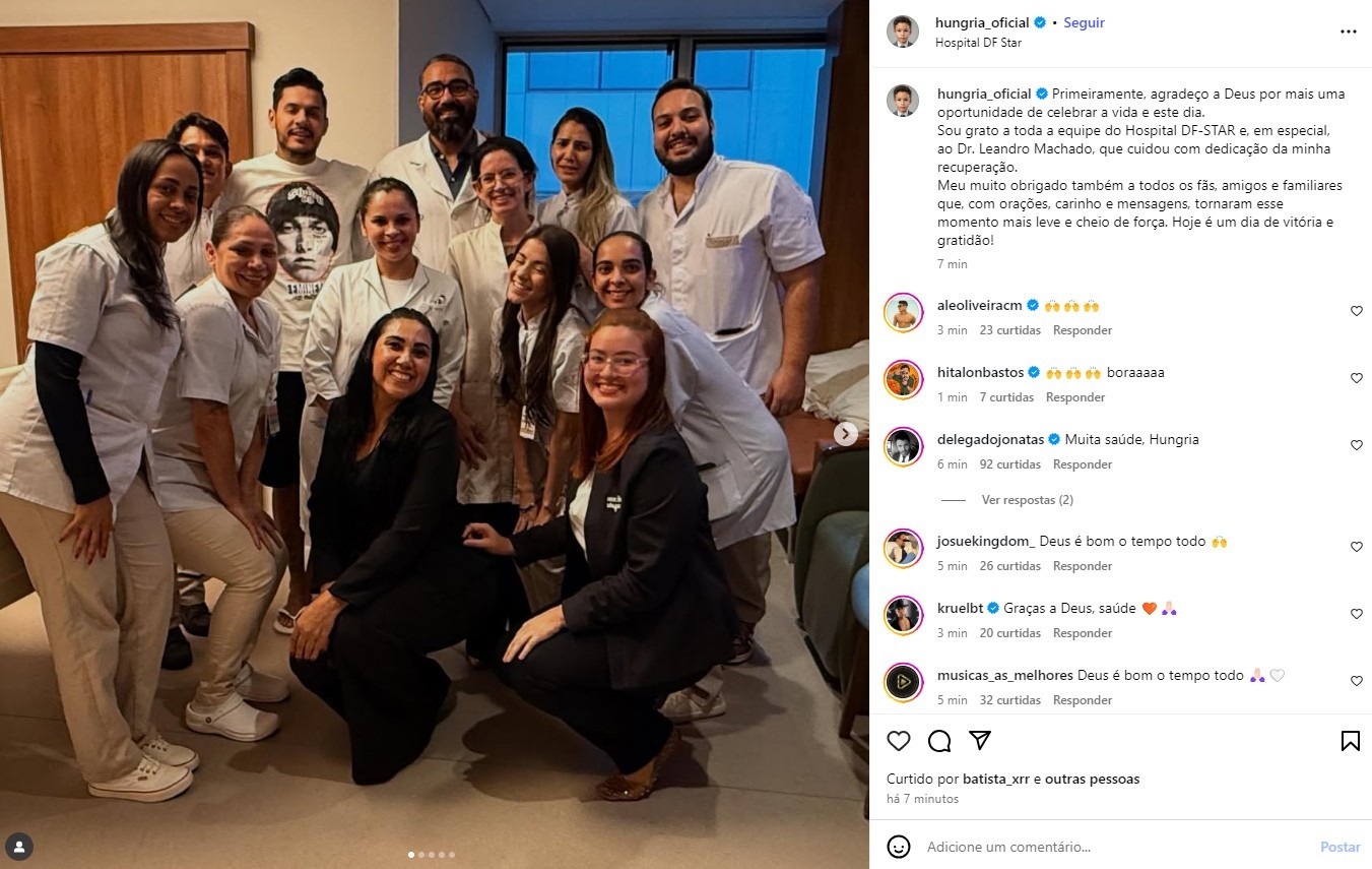 'Mais uma oportunidade de celebrar a vida', diz Hungria em post após receber alta