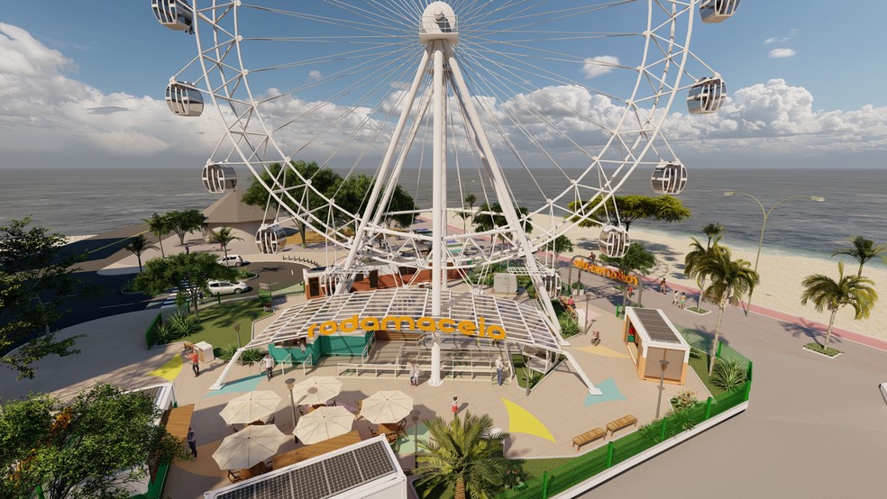 Ilustração mostra como será roda-gigante na orla de Pajuçara, em Maceió — Foto: Interparques Holding