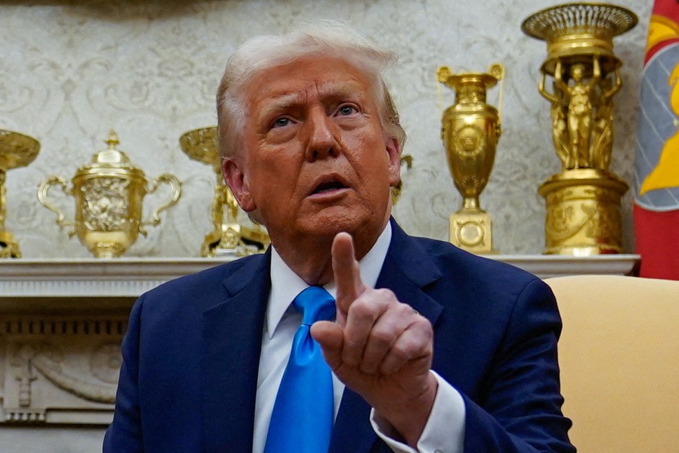 Trump durante coletiva com Netanyahu na Casa Branca — Foto: Reuters/Elizabeth Frantz