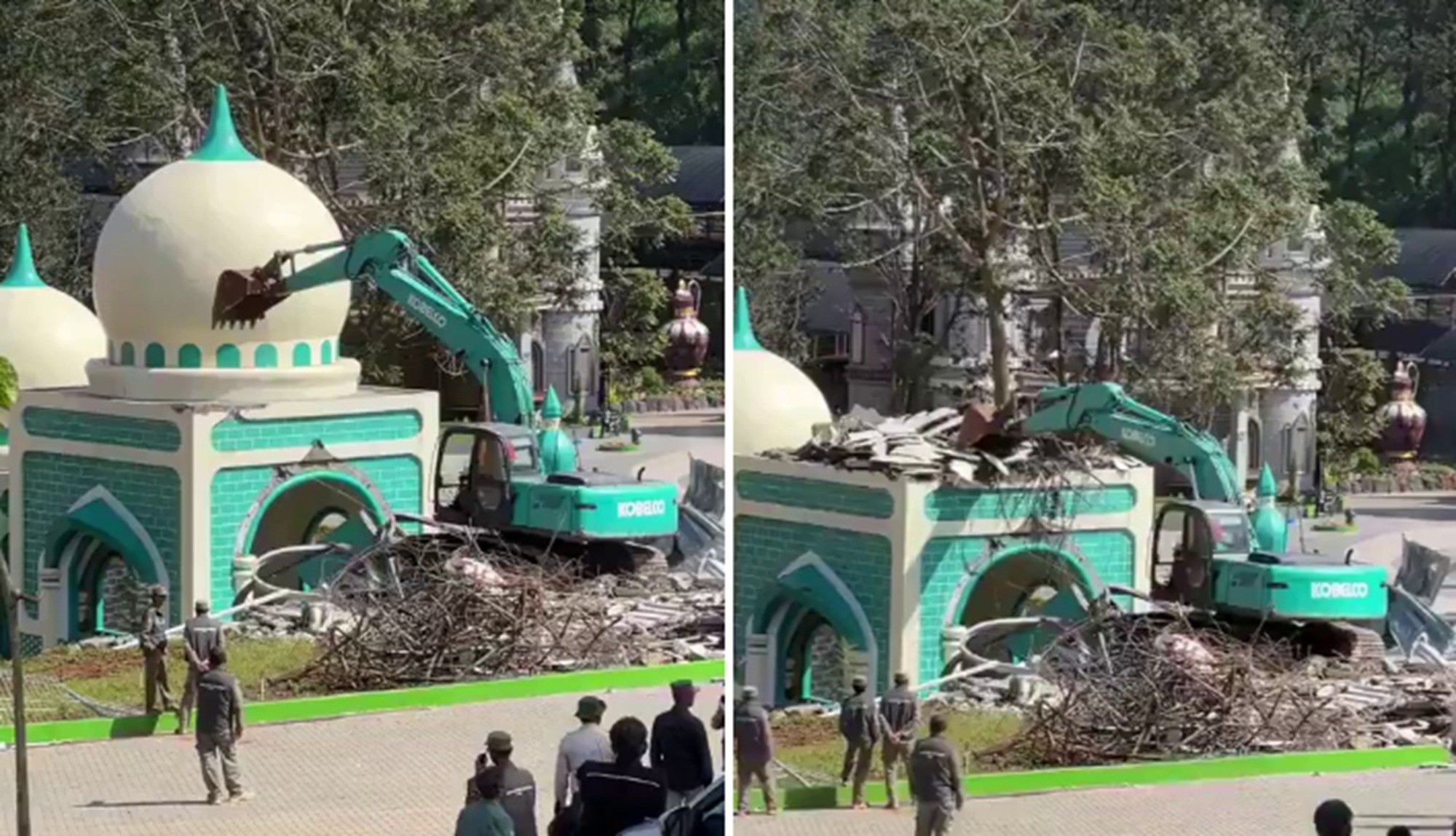 É #FAKE que vídeo mostre demolição de mesquita na China; registro ocorreu em parque temático na Indonésia