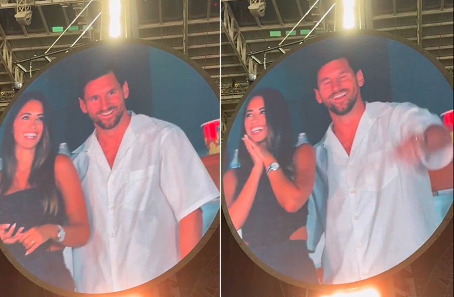 Ao lado da esposa, Messi aparece na ‘kiss cam’ e é ovacionado em show do Coldplay