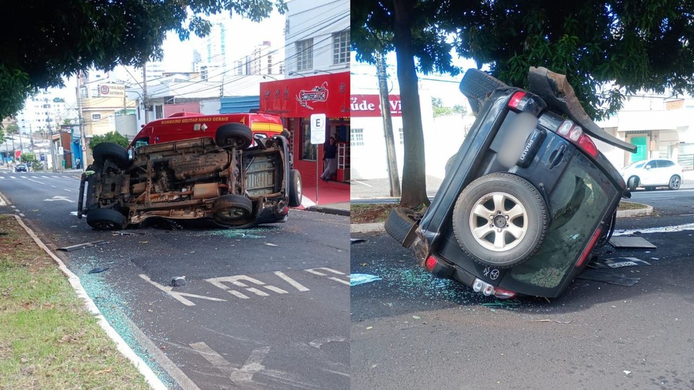 Capotamento violento após batida em cruzamento deixa motorista ferido em avenida de Uberlândia