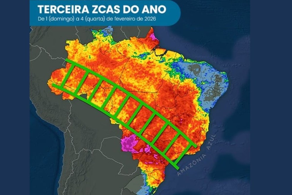 Fevereiro começa com atuação de novo episódio de ZCAS (Zona de Convergência do Atlântico Sul) no país. — Foto: Climatempo/Reprodução