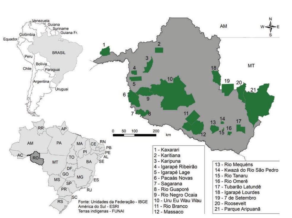 Mapa de Terras Indígenas de Rondônia — Foto: Reprodução/Livro: Nosso território e nossa terra indígena: terra indígena do Rio Branco [e] terra indígena do Guaporé/Maria Lúcia Cereda Gomide